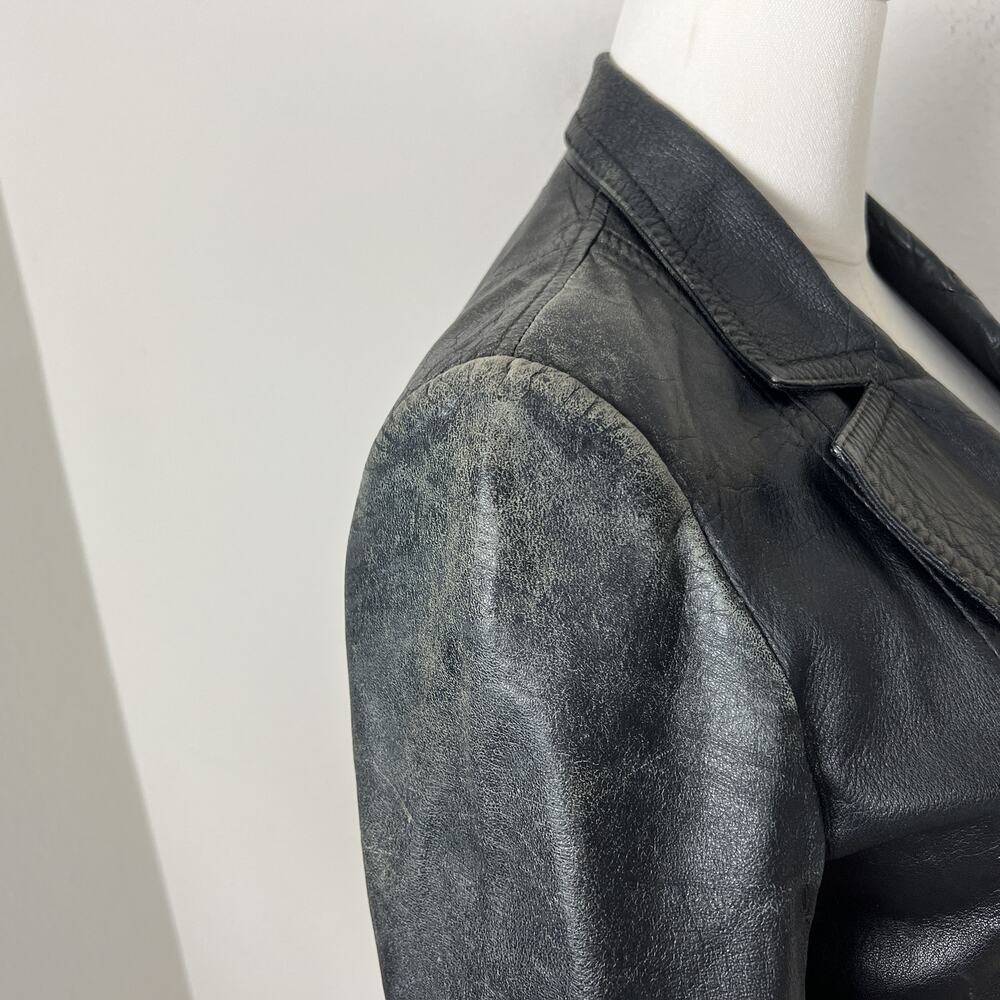 90s vintage black leather distressed faded minimalist grunge button coat jacket - Picture 7 of 9